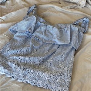 Blue Seersucker off the shoulder top